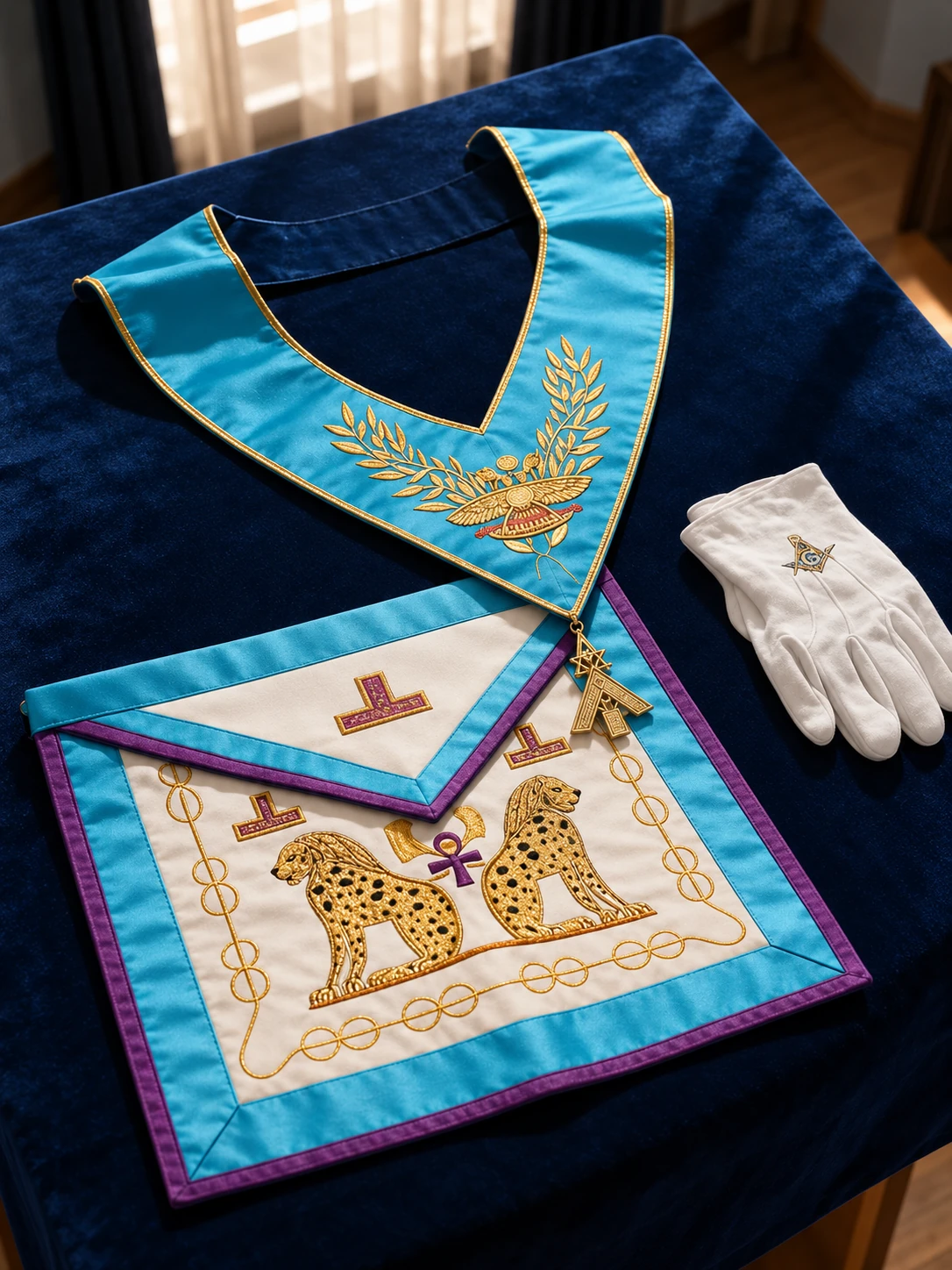 Collarín turquesa con insignia metálica dorada, mandil bordado y guantes blancos sobre tela azul