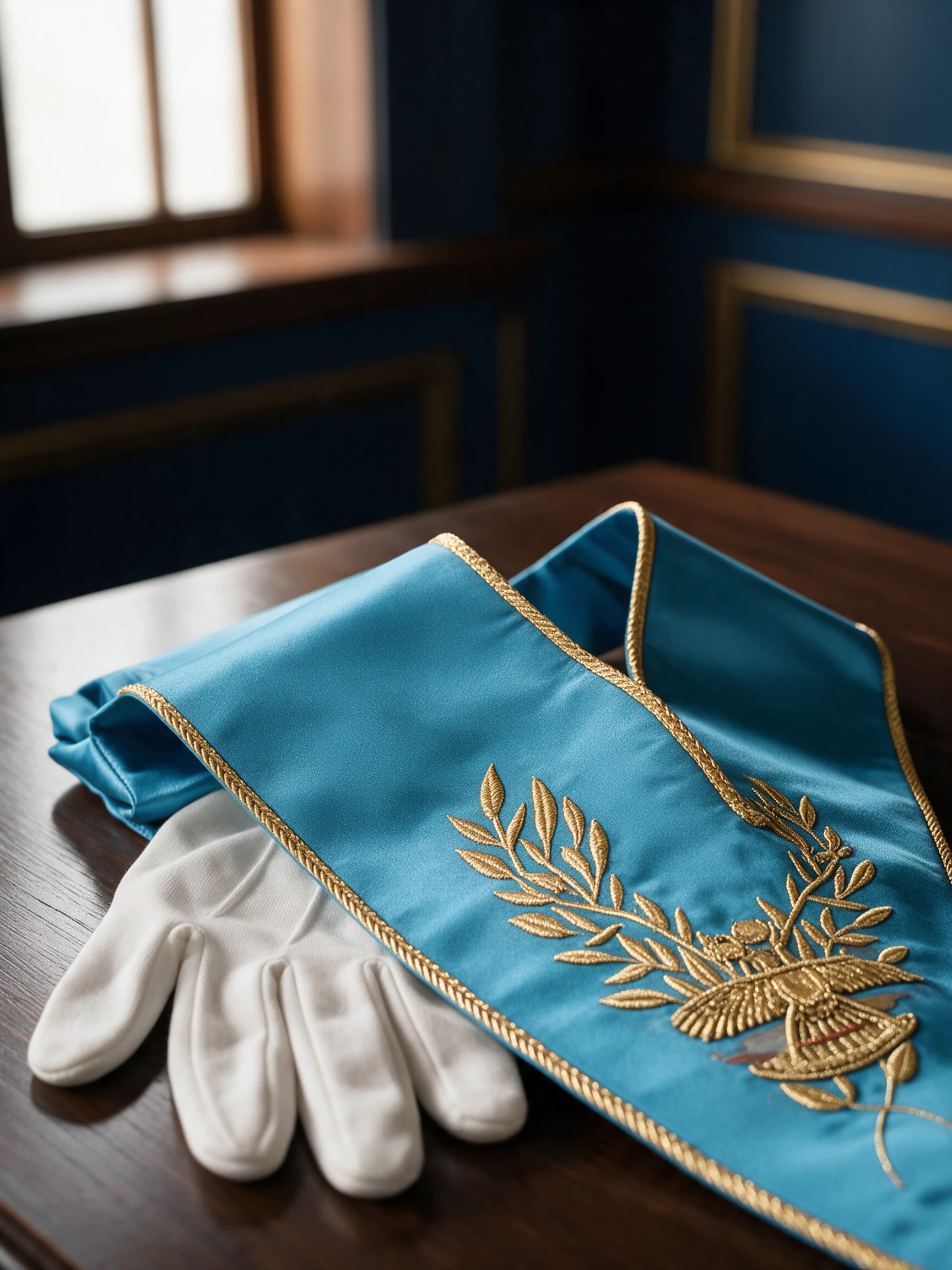 Bordado dorado sobre un collarín turquesa junto a guantes blancos