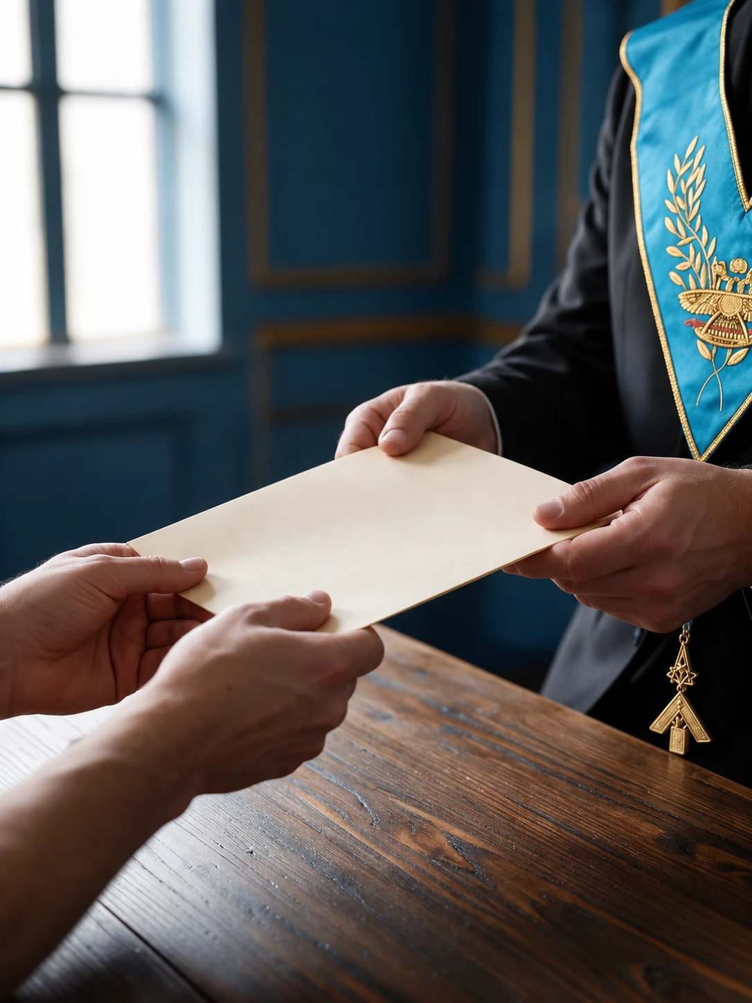 Entrega de una carpeta entre dos personas junto a un collarín turquesa con insignia metálica