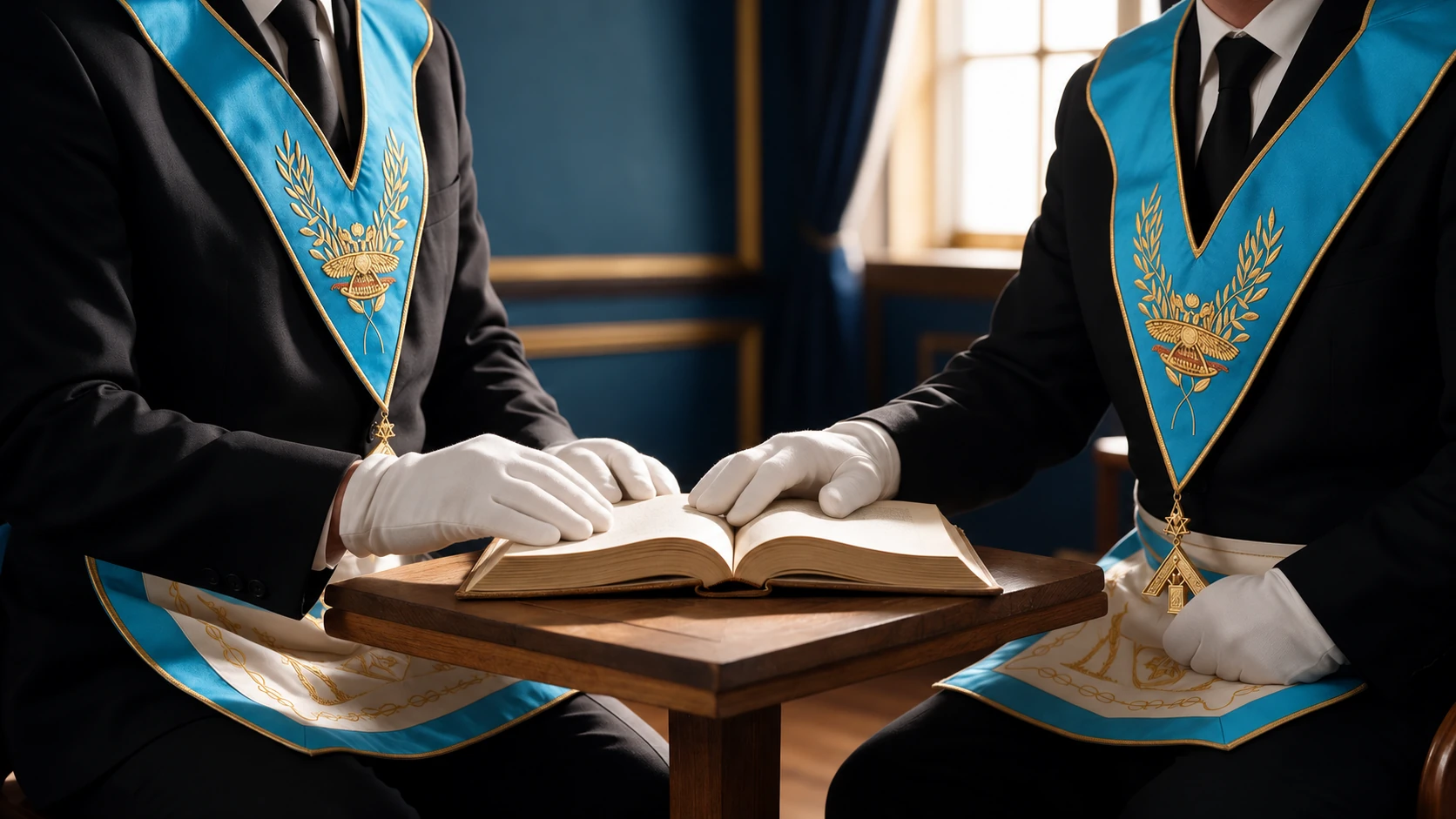 Dos integrantes estudian un libro con collarines turquesa e insignias metálicas doradas