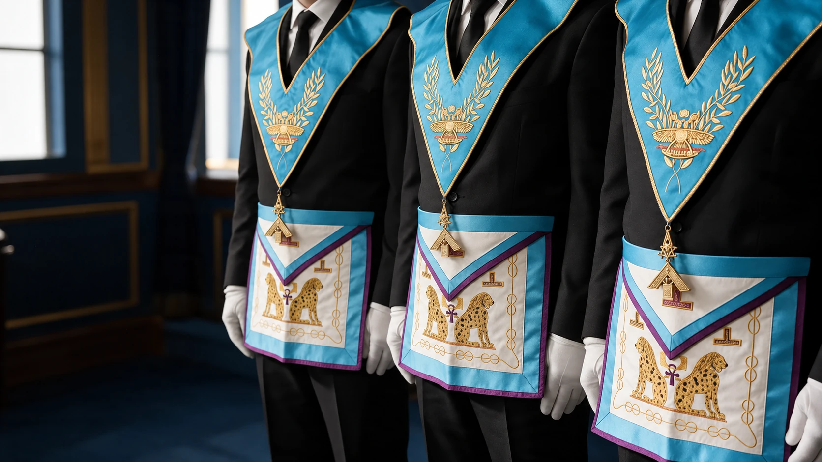 Integrantes con collarines turquesa, insignias metálicas doradas y mandiles, sin rostros visibles