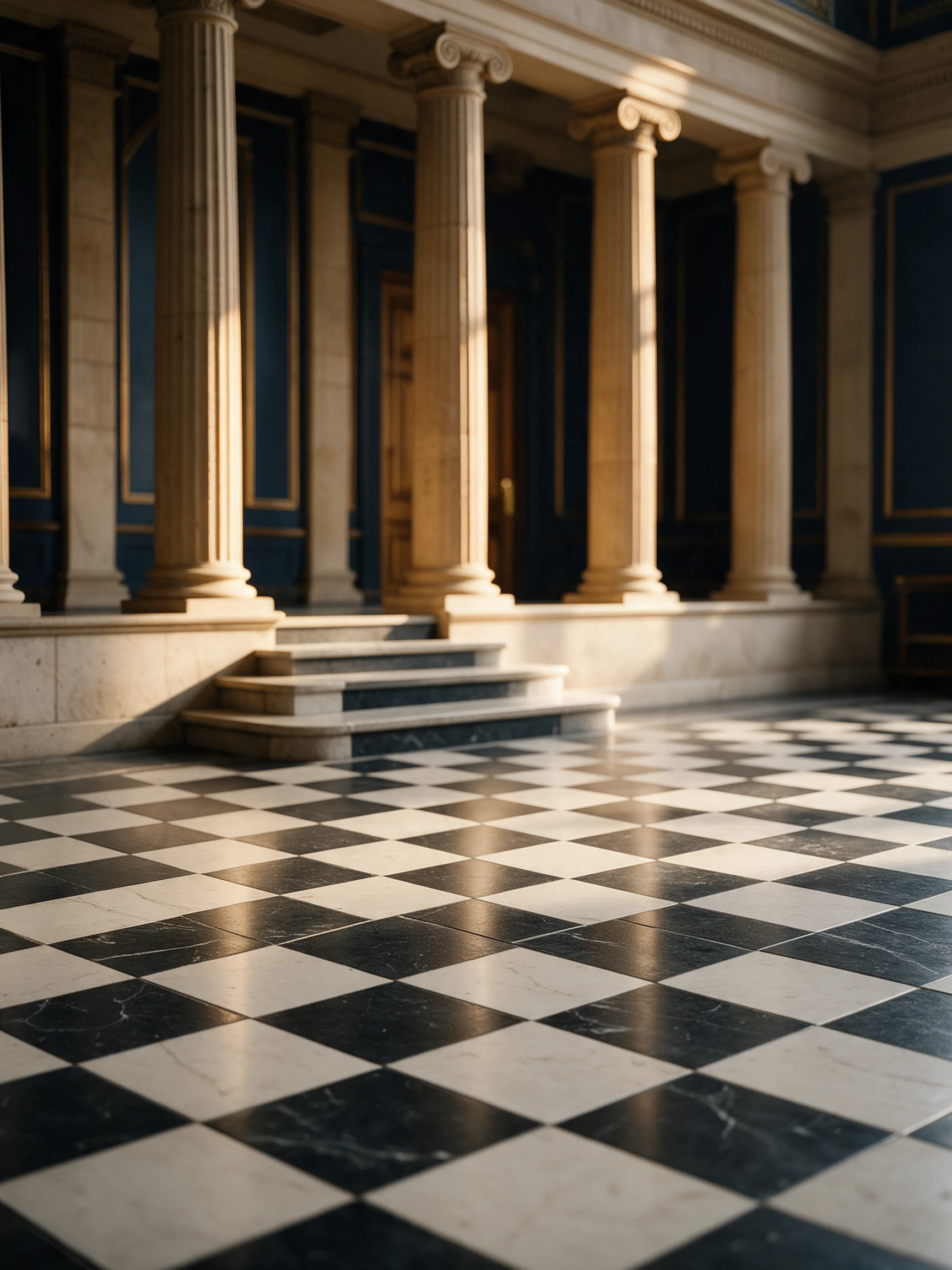Piso ajedrezado y columnas en un interior ceremonial