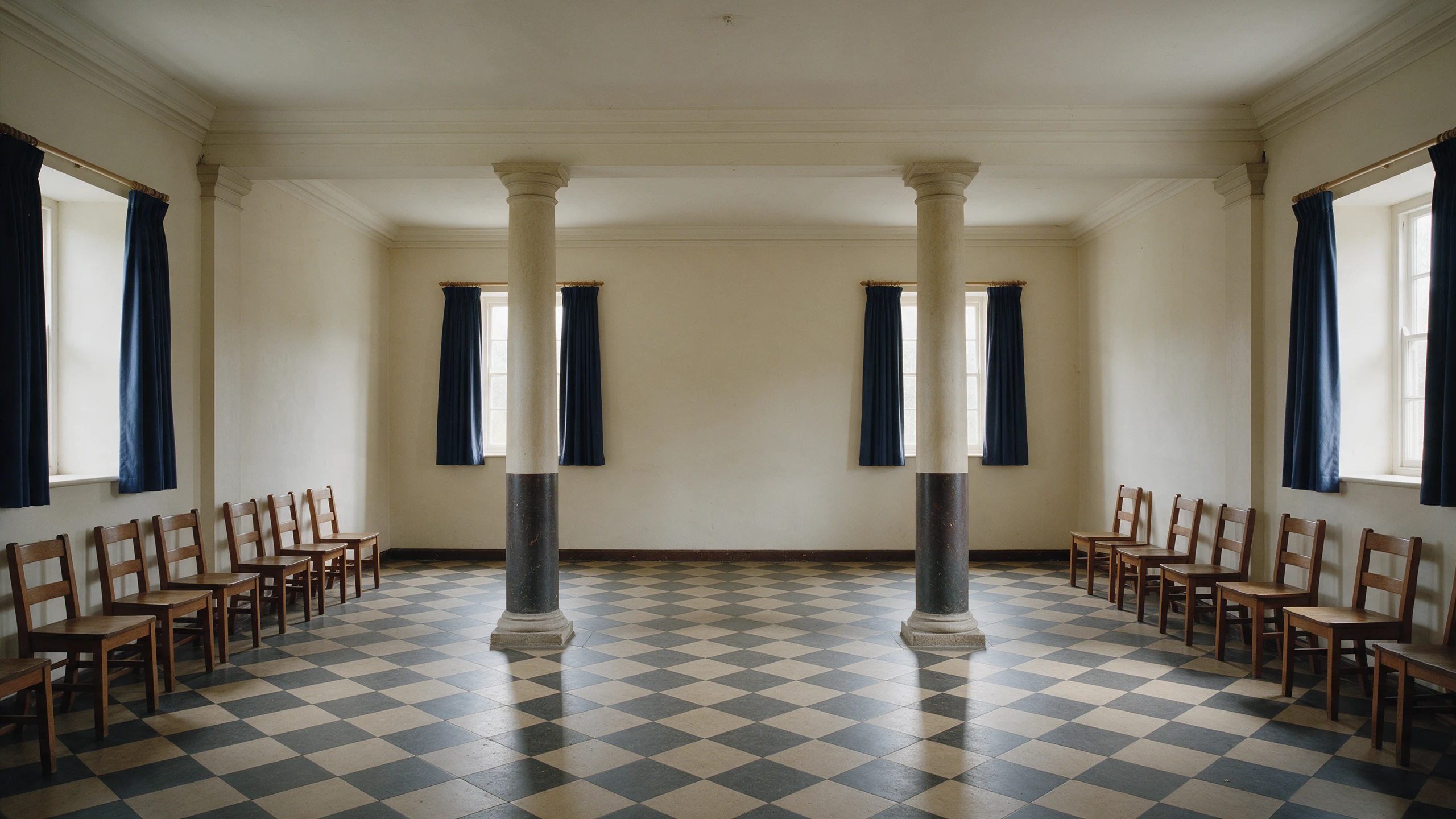 Columnas y piso ajedrezado en un interior ceremonial