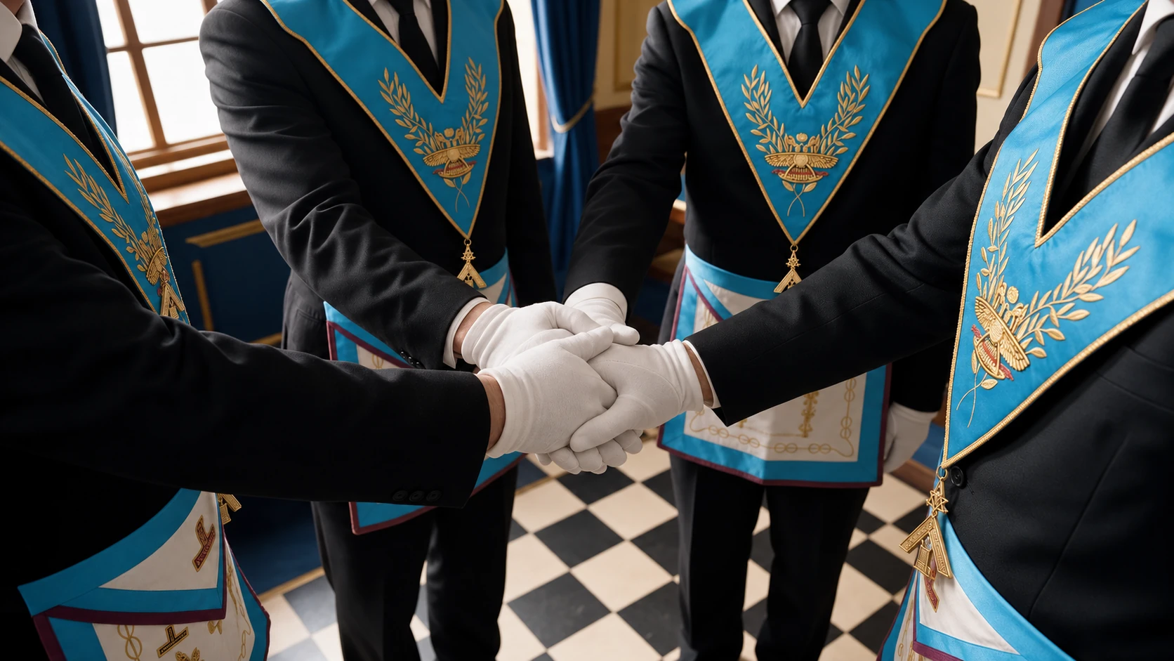 Manos con guantes blancos unidas entre integrantes con insignias metálicas doradas