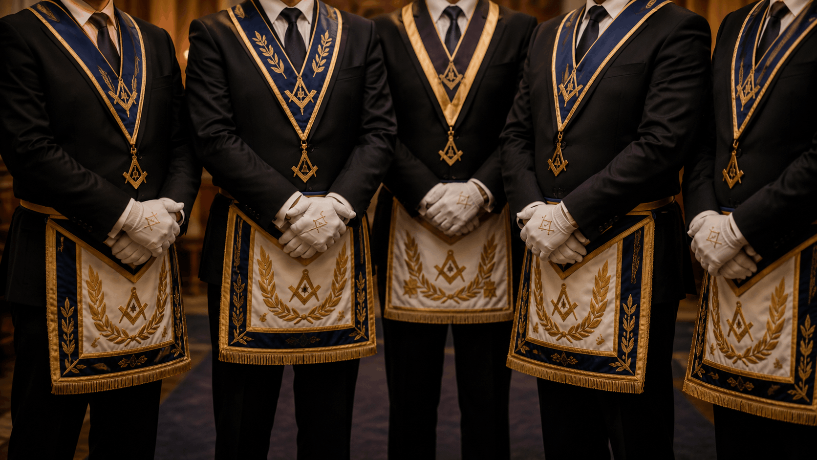 Hermanos masones con arreos dentro de un templo